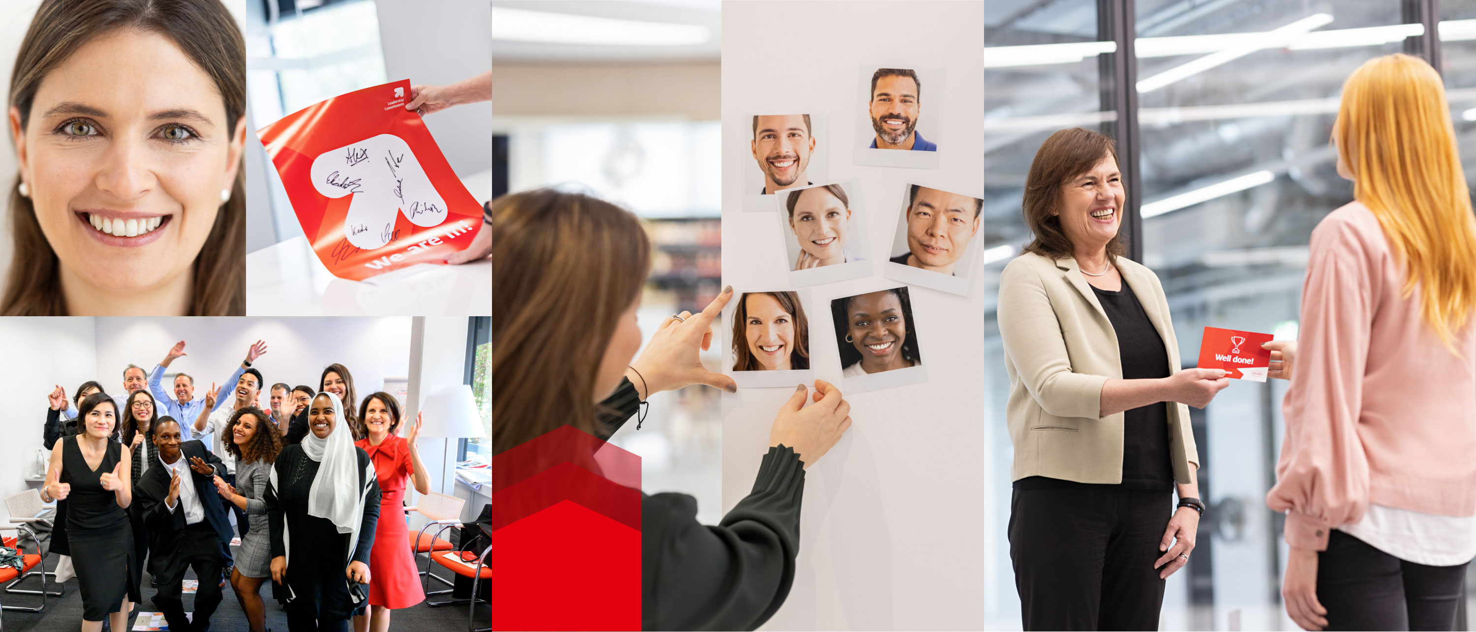 En collage af Henkels arbejdsmiljø. Vores Henkel-medarbejdere spiller altid på et hold. 