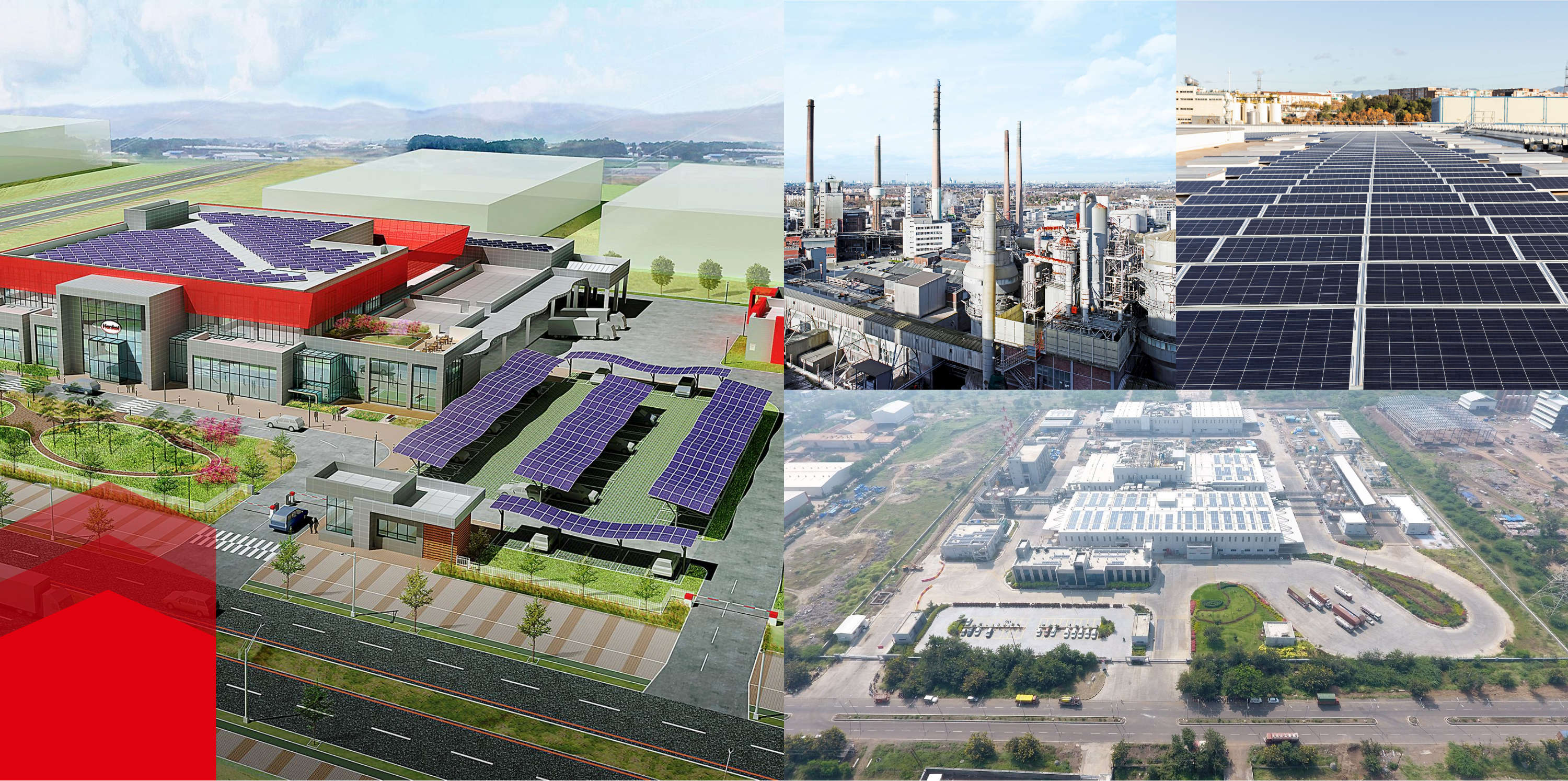 Collage af billeder af bygninger med solpaneler og store fabrikker 