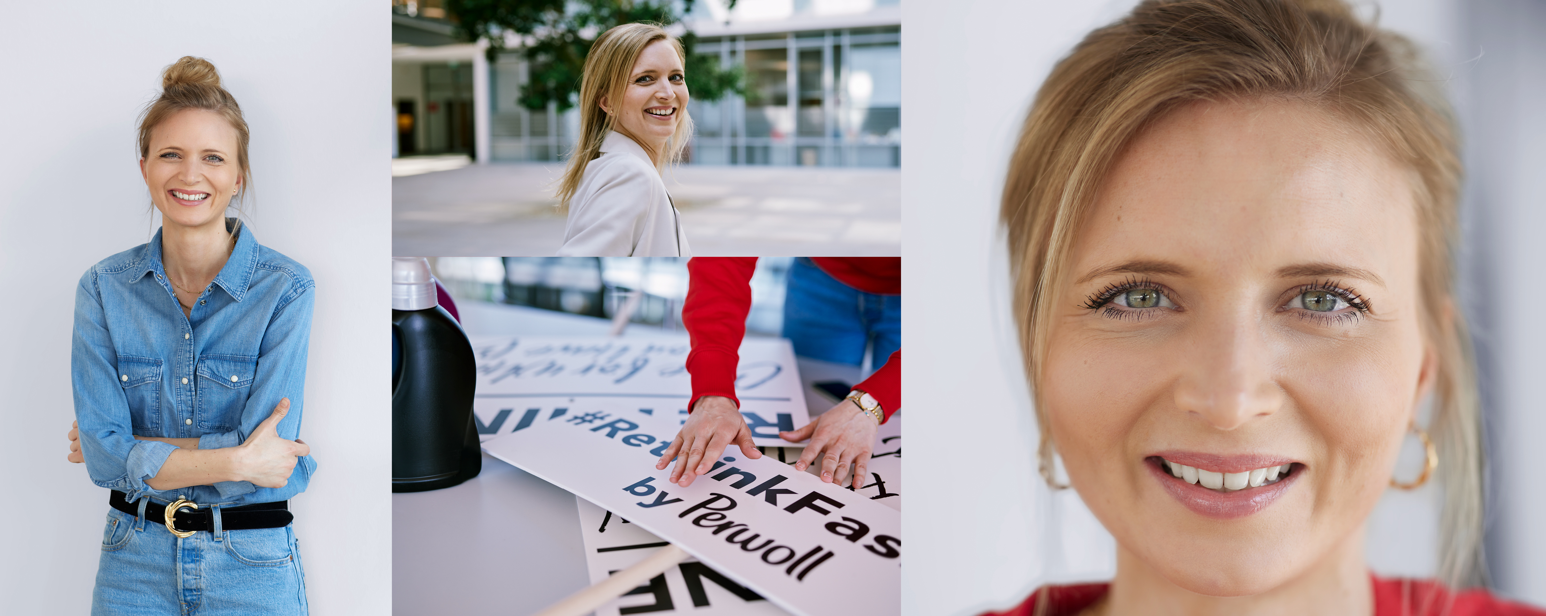 Une employée de Henkel devant son lieu de travail. Elle pose pour la caméra, trie les pancartes de la campagne #Rethink Fashion de Persil et sourit. 