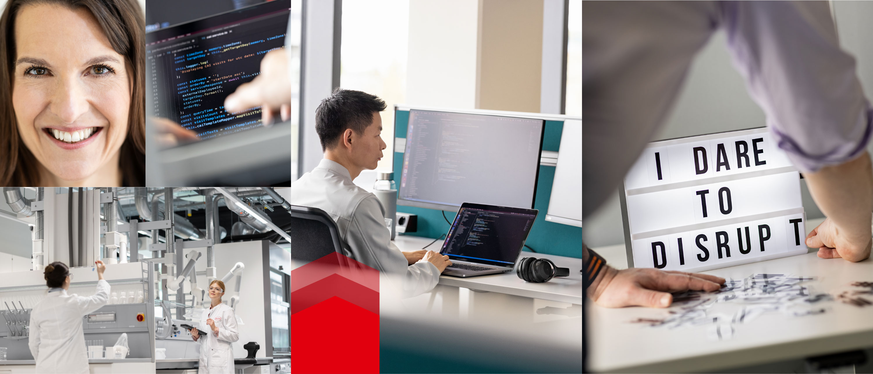Un collage de los lugares de trabajo de Henkel. Imágenes de tecnología, transformación digital e ideas frescas.