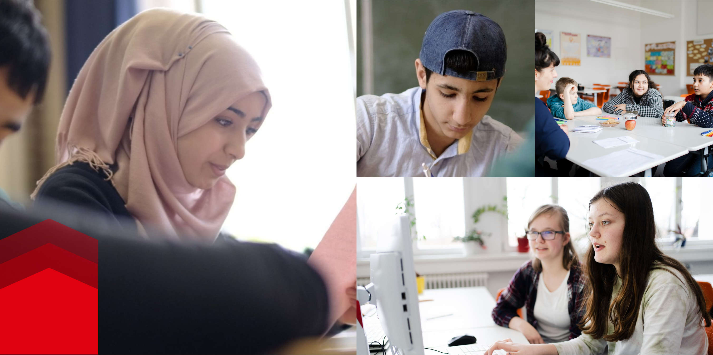 Collage af billeder med børn fra forskellige nationer i skolen 