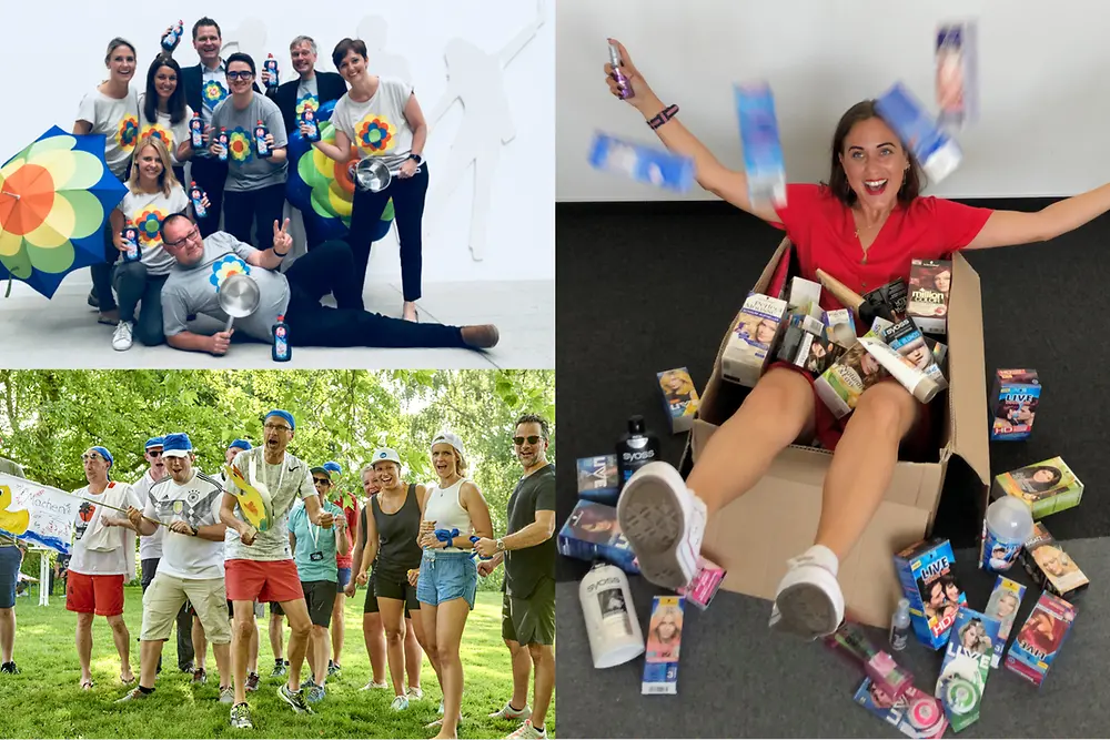 Collage af Henkel-medarbejdere, der hygger sig ved forskellige aktiviteter 