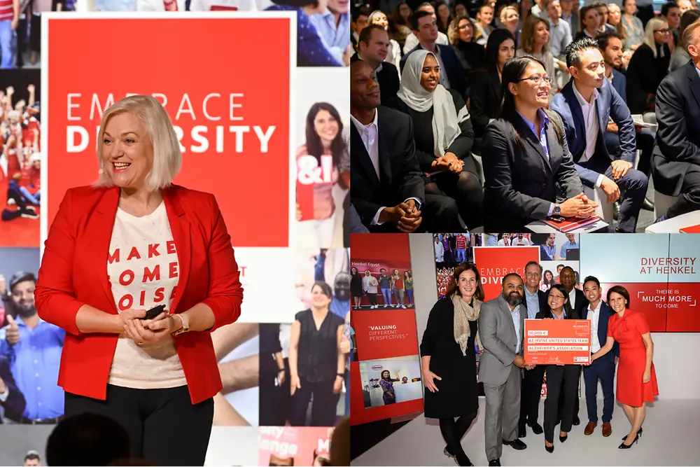Collage af Henkel-ansatte fra forskellige nationer ved en mangfoldighedsbegivenhed 