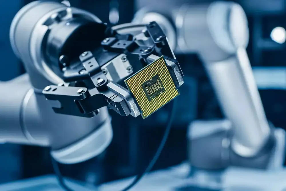 Robotarm betjener automatiseret maskineri i et halvlederproduktionsmiljø.