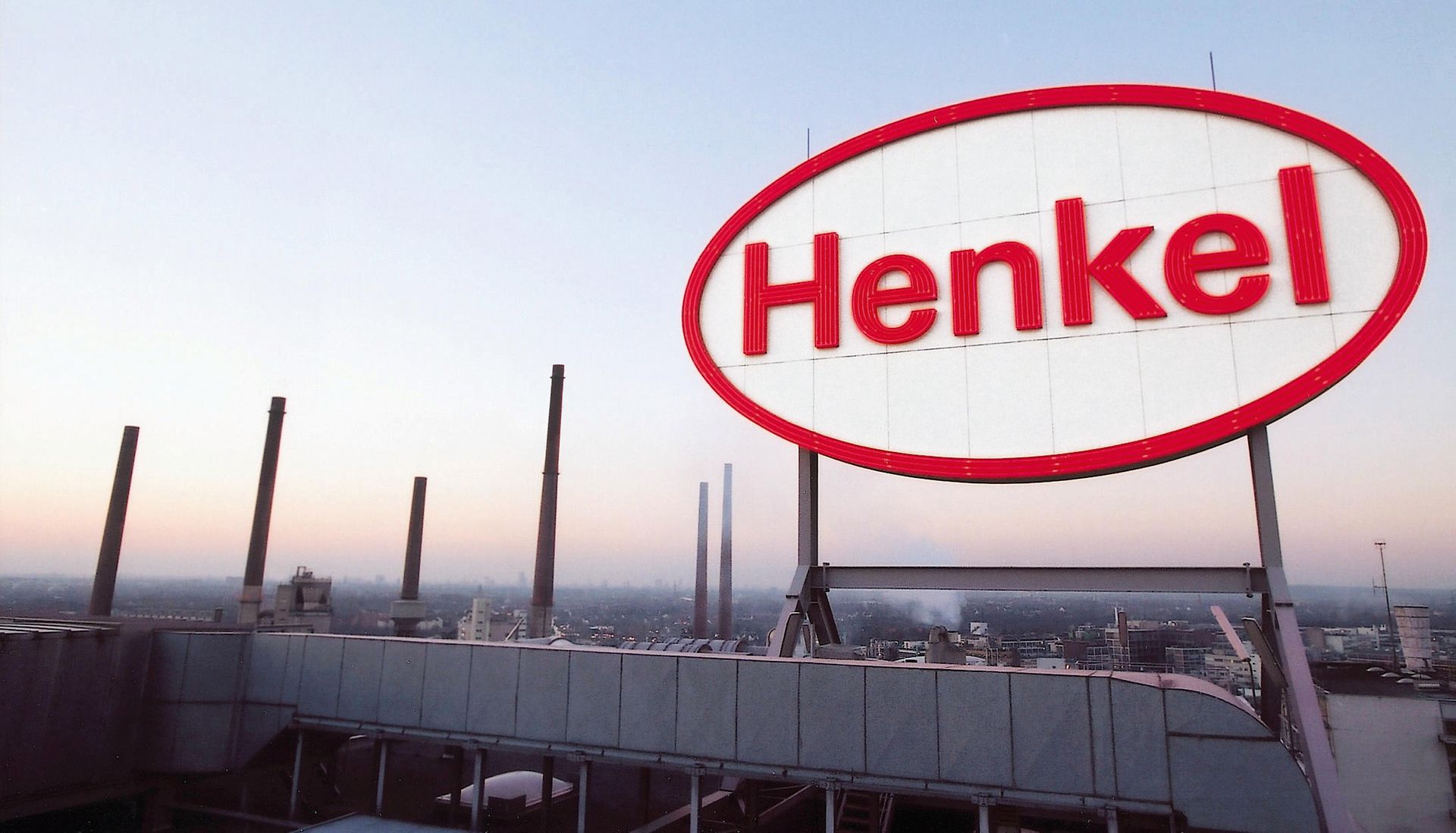 Henkel logo on a rooftop in Duesseldorf.